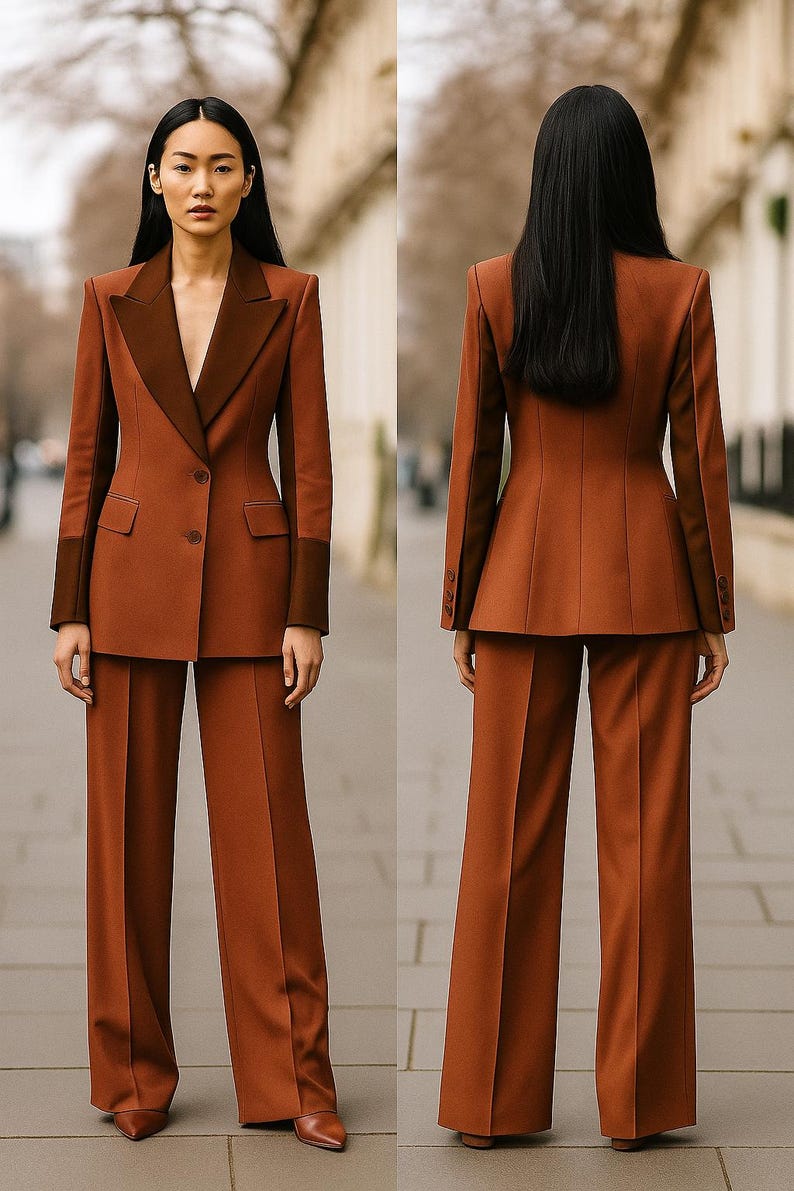 May include: A two-piece rust-colored suit with a contrasting dark brown lapel and sleeve cuffs. The suit features a tailored blazer with a two-button closure and wide-leg trousers. The model is standing on a paved surface.