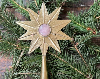 Tree Topper Star brass Hand forged  rose quartz