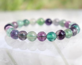 Pulsera de cuentas redondas de fluorita arcoíris