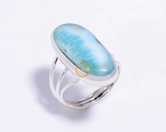 Anel de Larimar Natural, Anel com Gema em Prata de Lei 925, Anel com Pedra Azul, Anel Feito à Mão, Anel Marcante, Joia de Larimar, Presente para o Dia dos Namorados