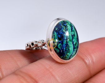 Azurite Malachite 925 Sterling Silver Ring - Handmade Statement Jewelry