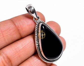 Handmade Black Onyx 925 Sterling Silver Pendant: Teardrop Cabochon