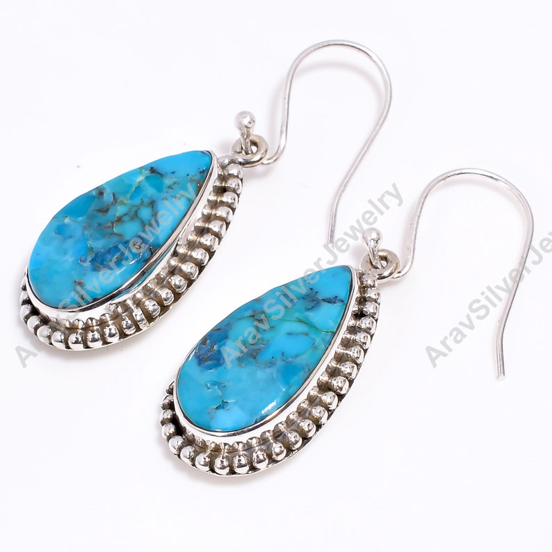 Blue Turquoise Earrings, Blue Stone Earrings, 925 Sterling Silver Earrings, Dangling Earrings, Turquoise Earrings, Gift for Her image 3