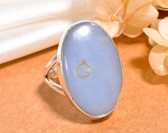 Angelite Statement Ring: Large Blue Stone, 925 Sterling Silver