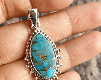 Blue Copper Turquoise Pendant Gemstone Pendant 925 Sterling Silver Pendant Statement Pendant Handmade Pendant Turquoise Jewelry for Women