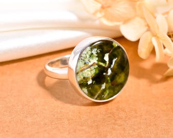 Handmade Green Baltic Amber Ring: 925 Sterling Silver Statement Jewelry