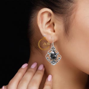 Black Shungite Raw Stone Pear Shape Gemstone Dangle Drop 925 Sterling Silver Handmade Earrings