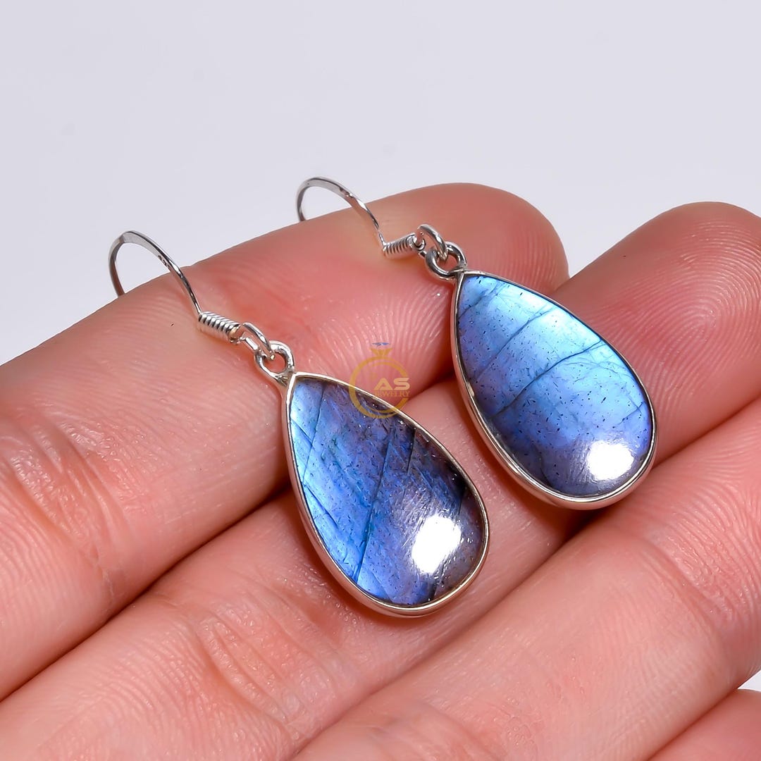Orecchini in labradorite blu naturale, gioielli in labradorite in argento sterling 925, orecchini con pietre preziose di forma rotonda, orecchini pendenti minimalisti per lei - Italia