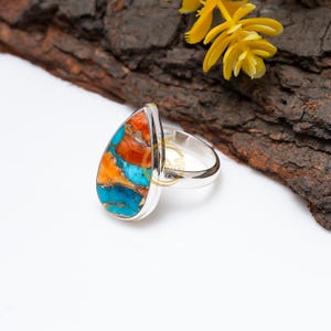 Orange Spiny Oyster Turquoise Ring: Handmade 925 Sterling Silver