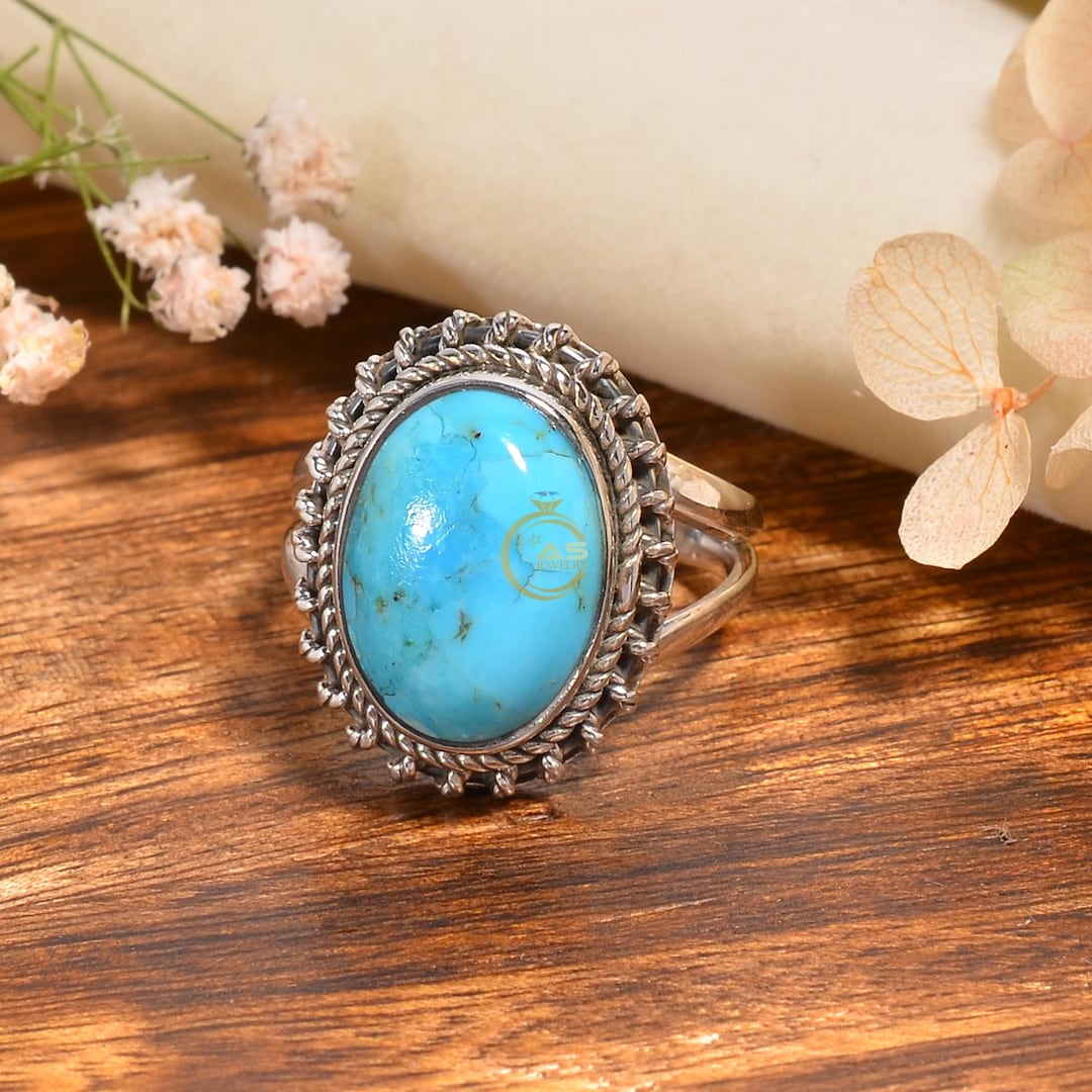 Natural Arizona Turquoise Gemstone Ring, Blue Stone Ring, 925