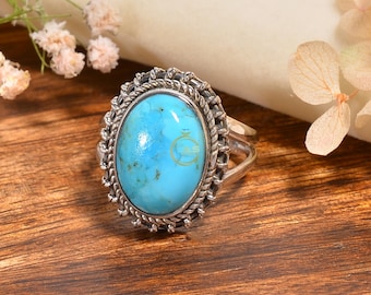 Natural Arizona Turquoise Ring, Blue Turquoise Stone Ring, 925