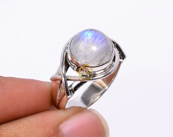 Handmade Rainbow Moonstone Ring: 925 Sterling Silver Statement Design
