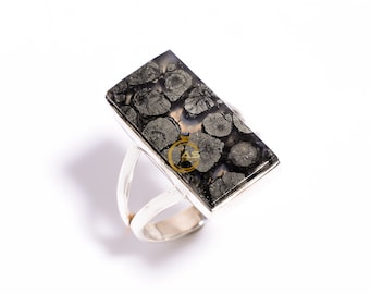 Puede incluir: Un anillo de plata con una piedra rectangular negra y gris. La piedra tiene un patrón único de pequeños círculos.