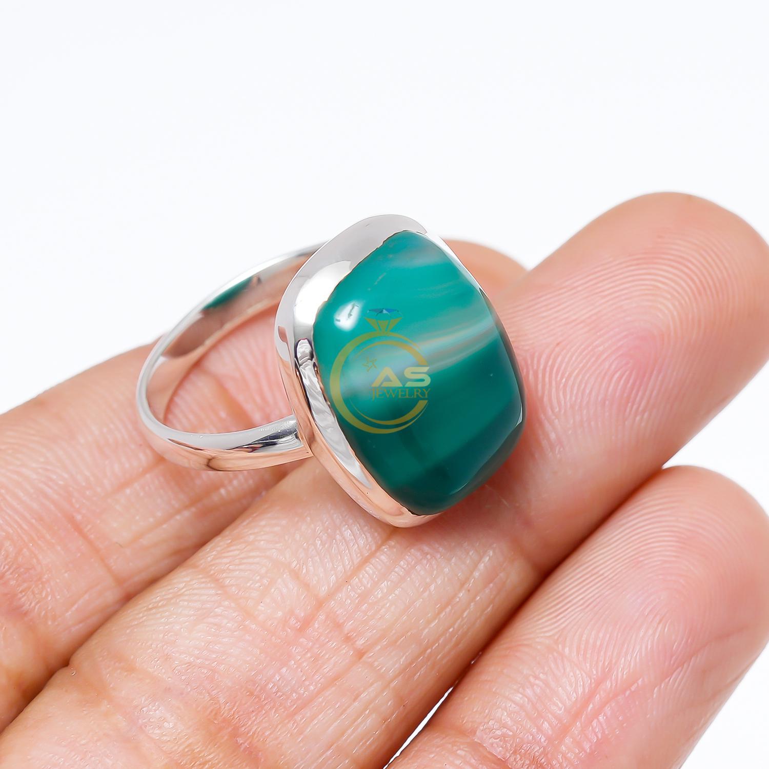 グリーンバンドアゲートリング 925スターリングシルバー ハンドメイド