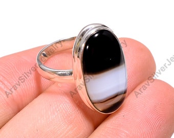 Black Banded Agate Ring, 925 Sterling Silver Ring, Handmade Ring, Agate Jewelry, Statement Ring, Agate Jewelry, Gift for Her