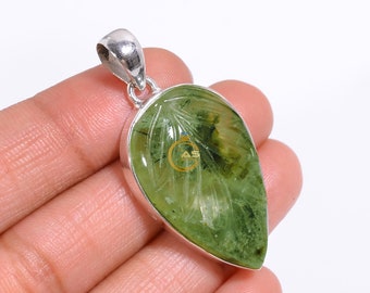 Leaf Carving Green Prehnite Pendant: Sterling Silver Statement Jewelry