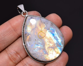 Rainbow Moonstone Pendant 925 Sterling Silver Pendant Handmade Pendant Necklace Moonstone Jewelry Pear Shape Crystal Pendant for Women