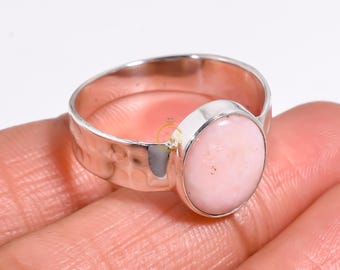 Naturlig rosa opalring, rosa stenring, ädelstensring, 925 sterlingsilverring, hamrad ring, uttalandering, rosa opalpresentsmycken