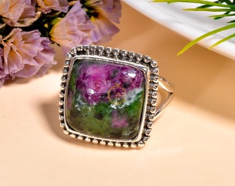 Anillo de rubí y zoisita hecho a mano: anillo bohemio de plata de ley 925.