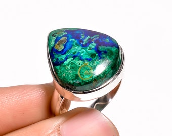 Handgemachter Azurit Malachit Ring: 925 Sterling Silber Statement Schmuck