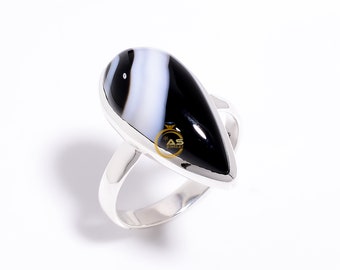 Black Banded Agate Ring, 925 Sterling Silver Ring, Handmade Ring, Agate Jewelry, Statement Ring, Agate Jewelry, Valentines Day Gift for Her