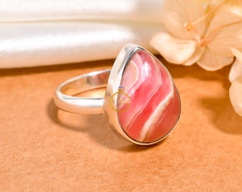Handmade Rhodochrosite Sterling Silver Ring: Cabochon Gemstone