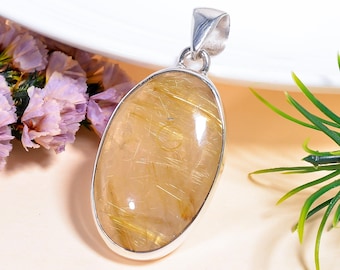 Golden Rutilated Quartz Pendant: 925 Sterling Silver Statement Jewelry