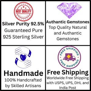May include: Image with text indicating silver purity, authentic gemstones, handmade craftsmanship, and free shipping. The text includes "Best Quality", "92.5%", "Handmade", and "Free Shipping". A purple gemstone is also shown.
