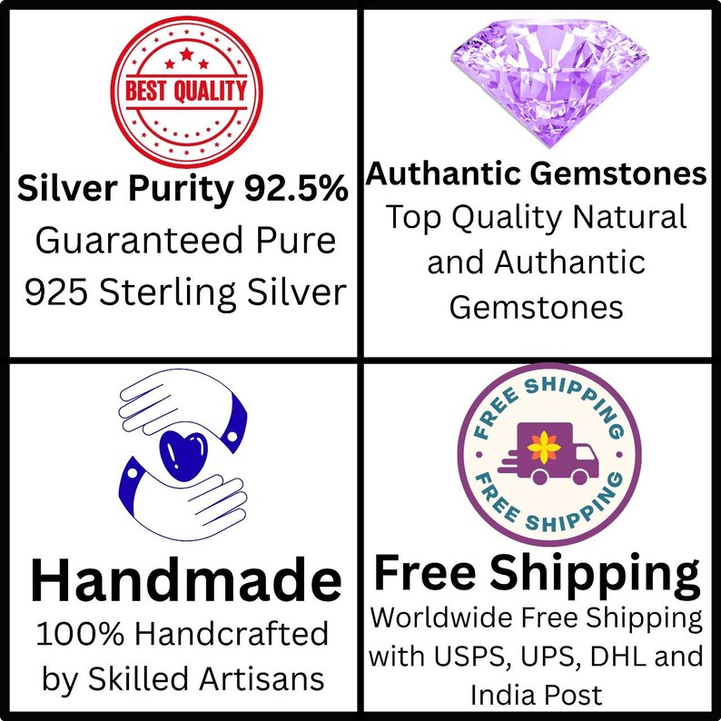 May include: Image with text indicating silver purity, authentic gemstones, handmade craftsmanship, and free shipping. The text includes "Best Quality", "92.5%", "Handmade", and "Free Shipping". A purple gemstone is also shown.