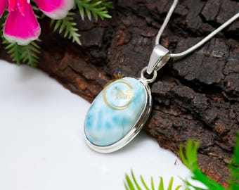 Blue Larimar Gemstone  925 Sterling Silver Statement Jewelry Pendant Necklace with Chain