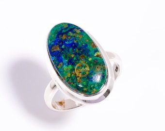 Azurite Chrysocolla Ring: Handmade 925 Sterling Silver Statement Jewelry