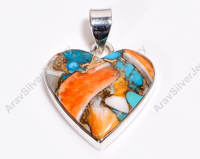 Featured listing image: Orange Spiny Oyster Turquoise 925 Sterling Silver Handmade Unique Statement Pendant Necklace for Women Christmas Gift for women