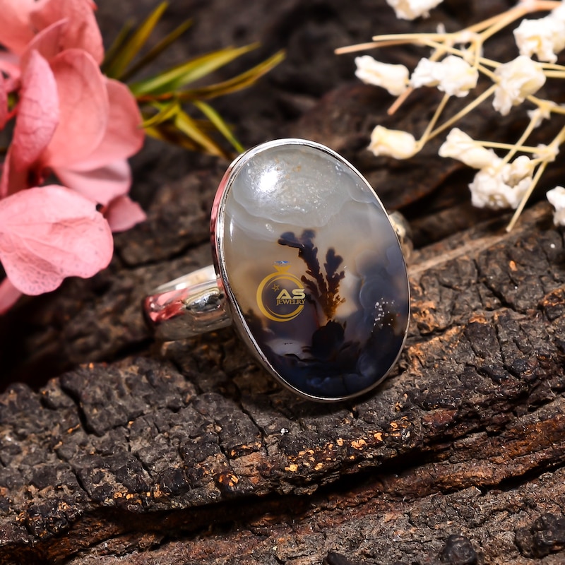 Dendritic Agate Ring Sterling Silver Size 9 32mm Statement main image 0