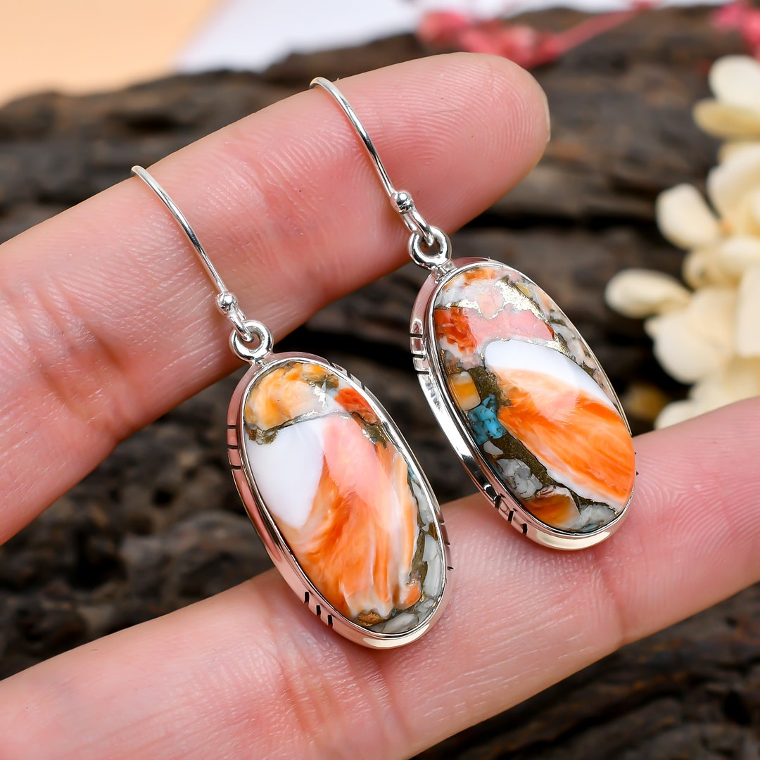 Genuine Spiny Oyster Shell Earrings – Native American Style, 35x25mm Dangle Drop, Orange