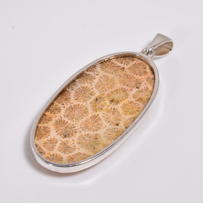Peut inclure: Un pendentif en argent avec une pierre de corail fossilis&eacute;e pr&eacute;sentant un motif d&eacute;taill&eacute; de petits cercles. La pierre est de forme ovale et sertie dans un cadre en argent.