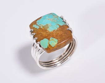 Kingman Turquoise Ring, Large Stone Ring, 925 Sterling Silver Ring, Gemstone Ring, Boho Ring, Statement Ring for Men and Women Gift Jewelry