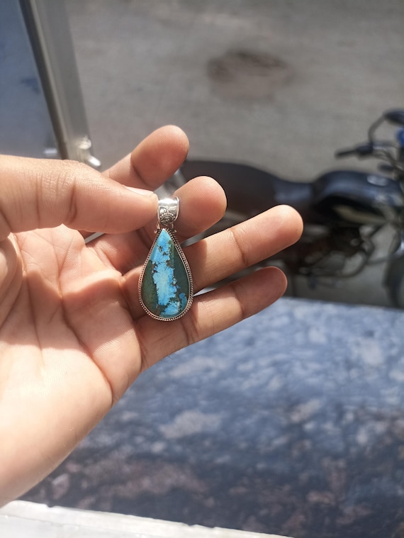 Pendentif En Argent Sterling 925 Avec Turquoise - Fait Main En Inde - Neuf Sans Emballage