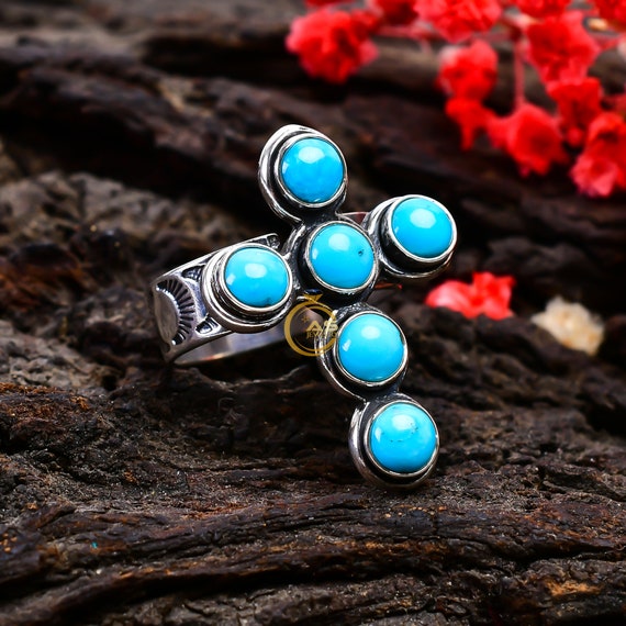 Arizona Turquoise Cross Ring Gemstone Ring 925 Sterling Silver