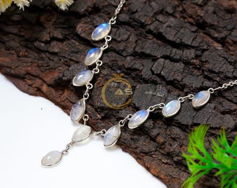 Collar de piedra lunar arcoíris marquesa en plata de ley 925, diseño llamativo hecho a mano, joyería minimalista con engaste de bisel para ella.