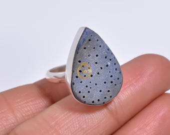 Blue Sponge Coral Sterling Silver Ring - Handmade Statement Jewelry