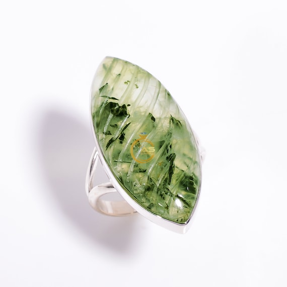 Natural Prehnite Ring Carving Gemstone Ring 925 Sterling Silver Ring Handmade Ring Statement Ring for Women Prehnite Jewelry Gift for Women