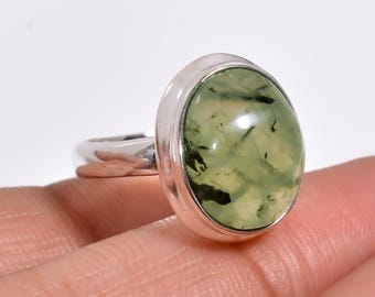 Green Prehnite Gemstone Ring: Handmade 925 Sterling Silver Statement Ring