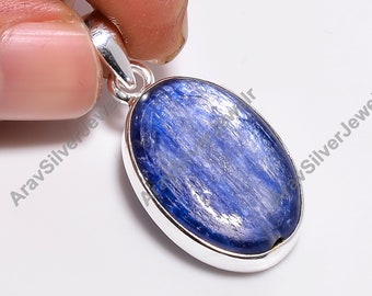 Blue Kyanite Stone Pure 925 Sterling Silver Handmade Statement Chain Pendant Necklace Christmas Gift Jewelry for Woman Valentines Day Gift