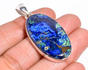 Natural Large Azurite Malachite Pendant Blue Green Stone Pendant 925 Sterling Silver Pendant Azurite Malachite Gift Jewelry for Her and Him