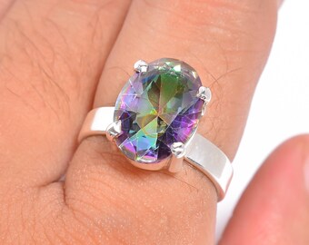 Rainbow Mystic Topaz-ring, 925 sterlingzilveren ring, statementring, beloftering, boho-ring, Mystic Topaz kerstcadeaus sieraden voor haar