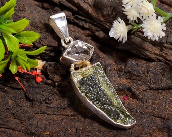 Moldavite Herkimer Diamond Pendant: 925 Sterling Silver Jewelry