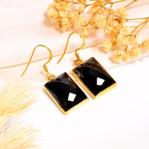 Natural Black Onyx Gold Earrings Cut Stone 925 Sterling Silver 18K Yellow Gold Plated Earrings Handmade Dangle Earrings Onyx Gold Jewelry