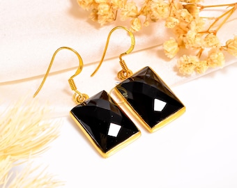 Handmade Black Onyx Dangle Earrings: 18K Gold Plated Sterling Silver