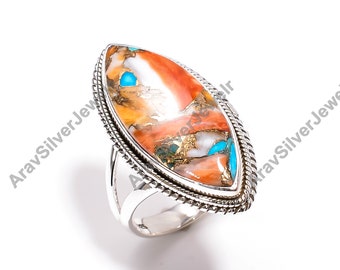 Oyster Turquoise Ring, Gemstone Ring, Orange Stone Ring, 925 Sterling Silver Ring, Handmade Ring, Promise Ring for Her, Christmas Gift