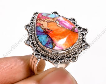 Oyster Turquoise Ring, Gemstone Ring, Orange Stone Ring, 925 Sterling Silver Ring, Handmade Ring, Promise Ring for Her, Christmas Gift